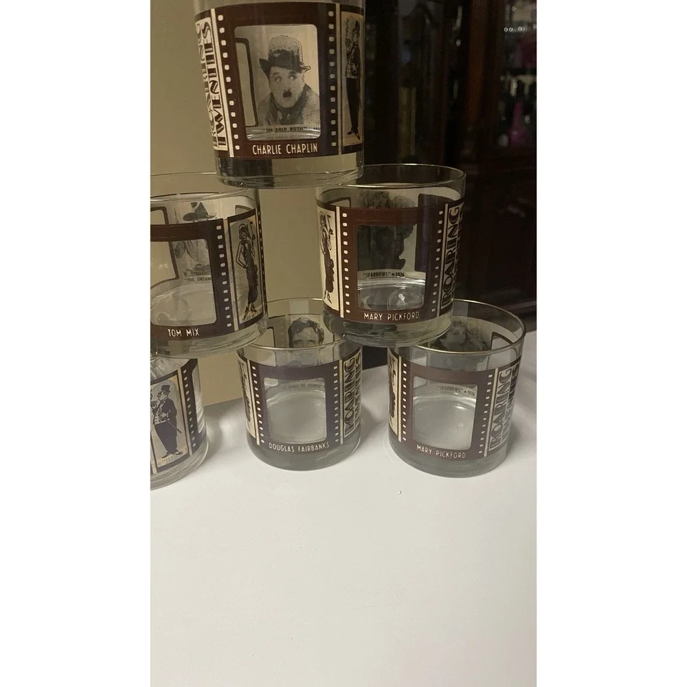 Set of 6 Vintage Roaring Twenties Hollywood 10 Oz Whiskey Rocks Glasses Gold Rim